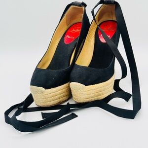 Christian Louboutin Black and Cream Espadrille Wedges